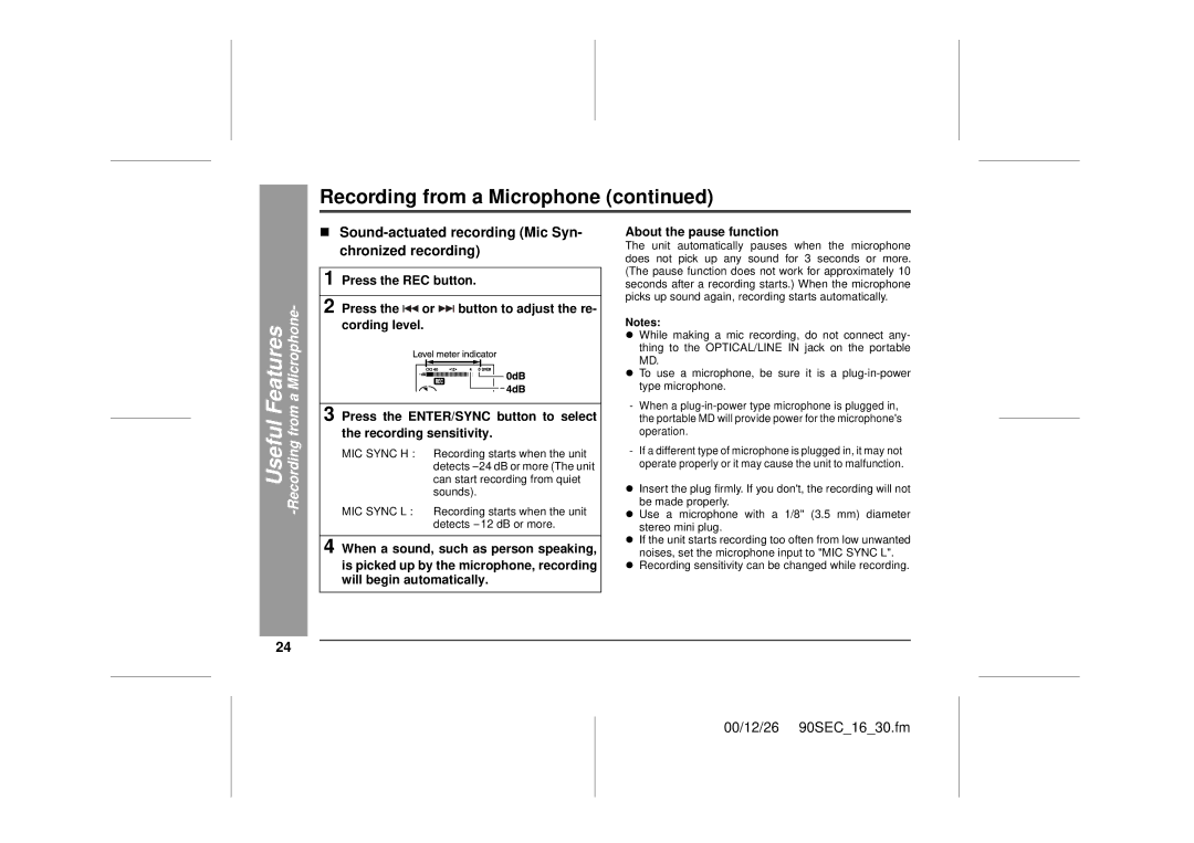 Sharp MD-MT90 operation manual Recording from a Microphone, „ Sound-actuated recording Mic Syn- chronized recording 