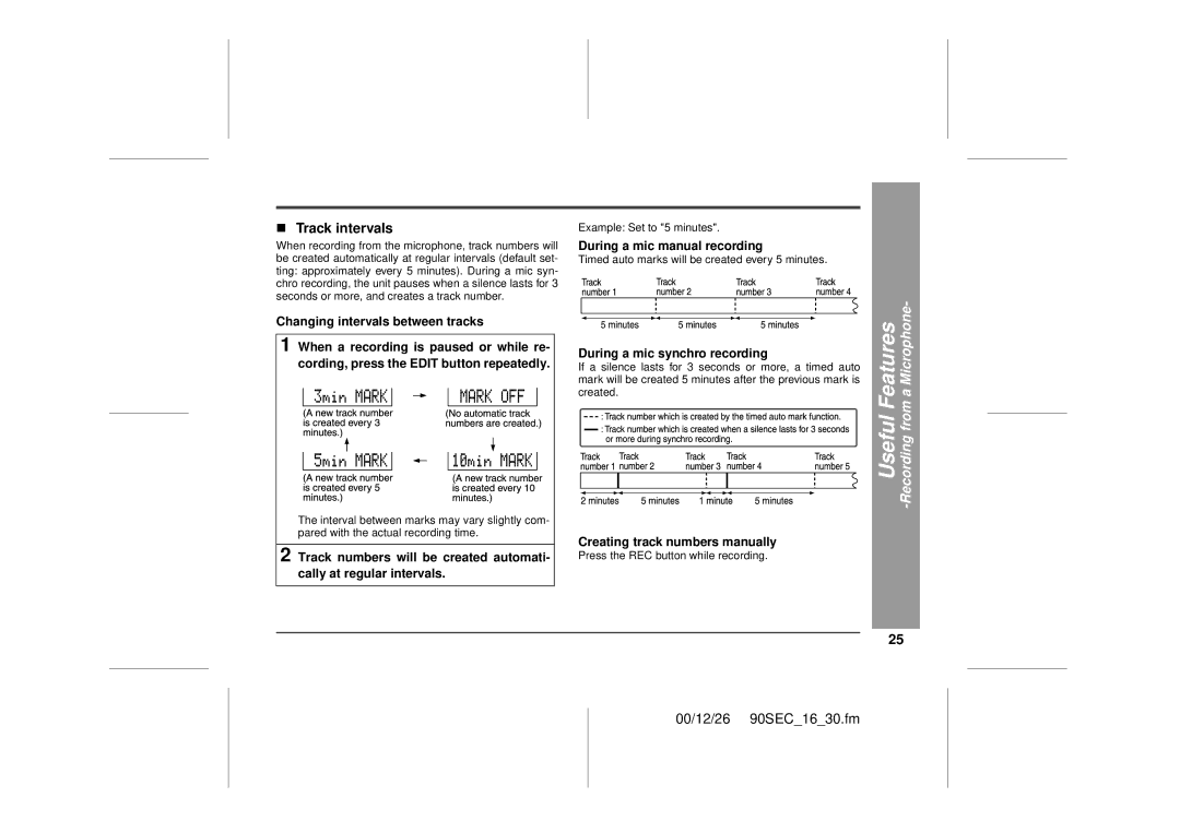 Sharp MD-MT90 operation manual „ Track intervals, During a mic manual recording, During a mic synchro recording 