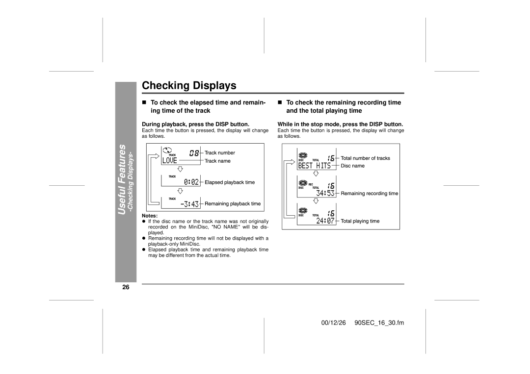 Sharp MD-MT90 operation manual Checking Displays, Features 