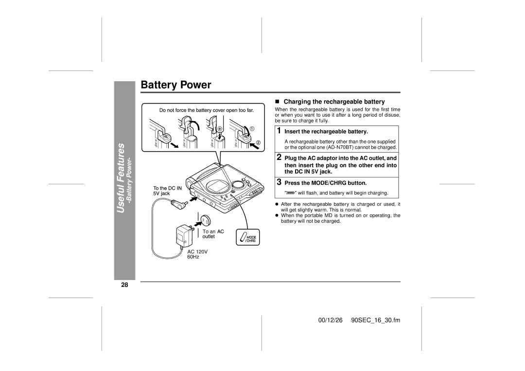 Sharp MD-MT90 Useful Features -Battery Power, „ Charging the rechargeable battery, Insert the rechargeable battery 