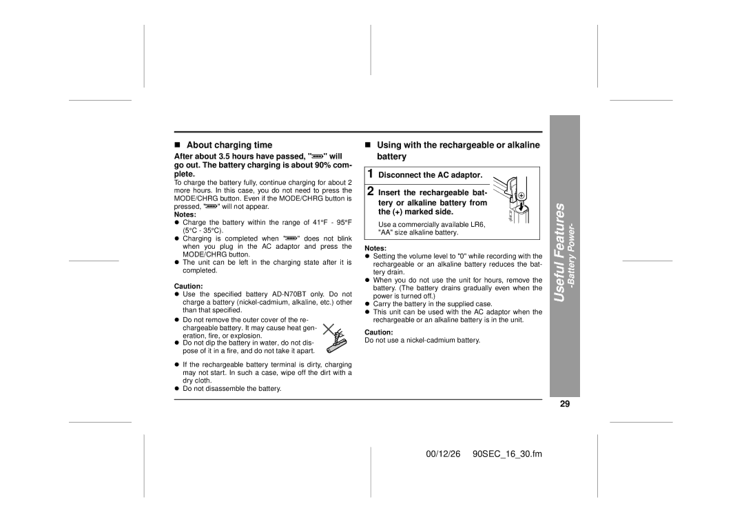 Sharp MD-MT90 operation manual „ About charging time, „ Using with the rechargeable or alkaline battery 