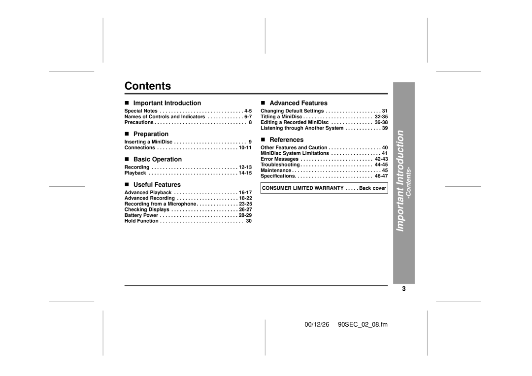 Sharp MD-MT90 operation manual Contents 