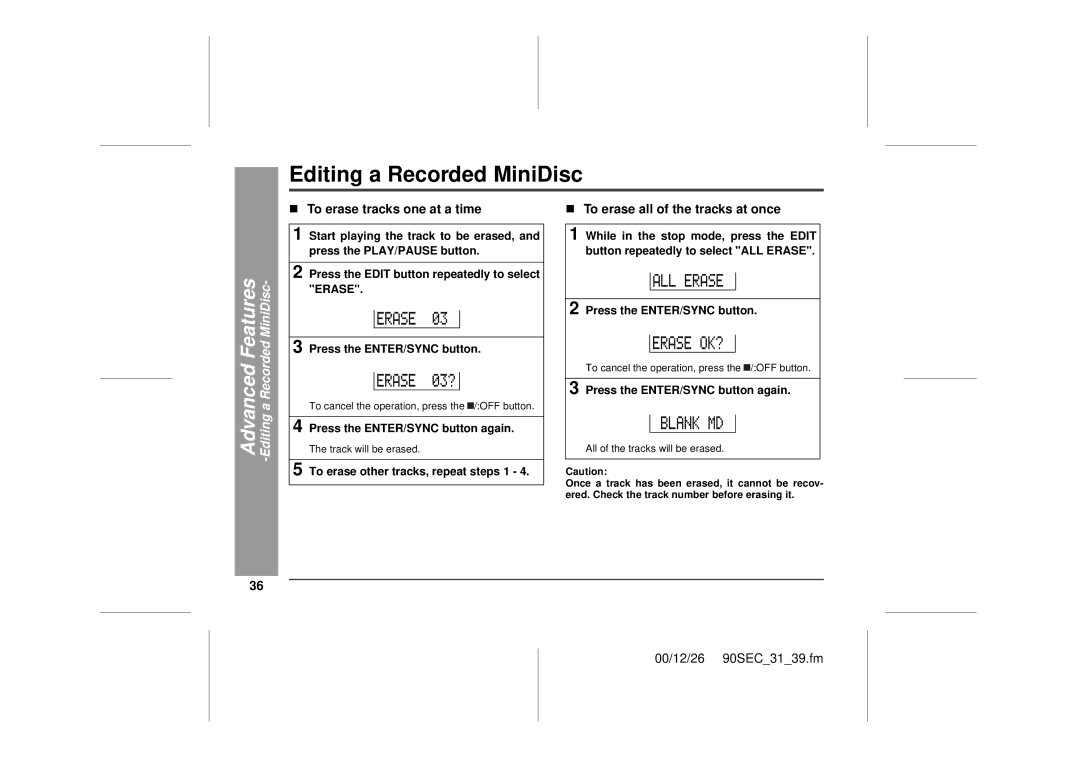 Sharp MD-MT90 Editing a Recorded MiniDisc, „ To erase tracks one at a time, „ To erase all of the tracks at once 