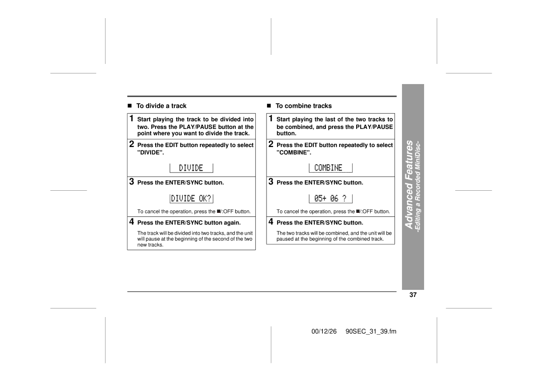 Sharp MD-MT90 operation manual „ To divide a track, „ To combine tracks 