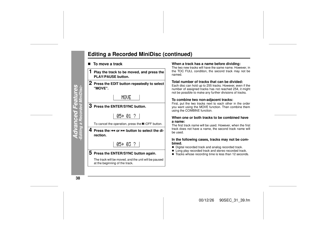 Sharp MD-MT90 operation manual „ To move a track 