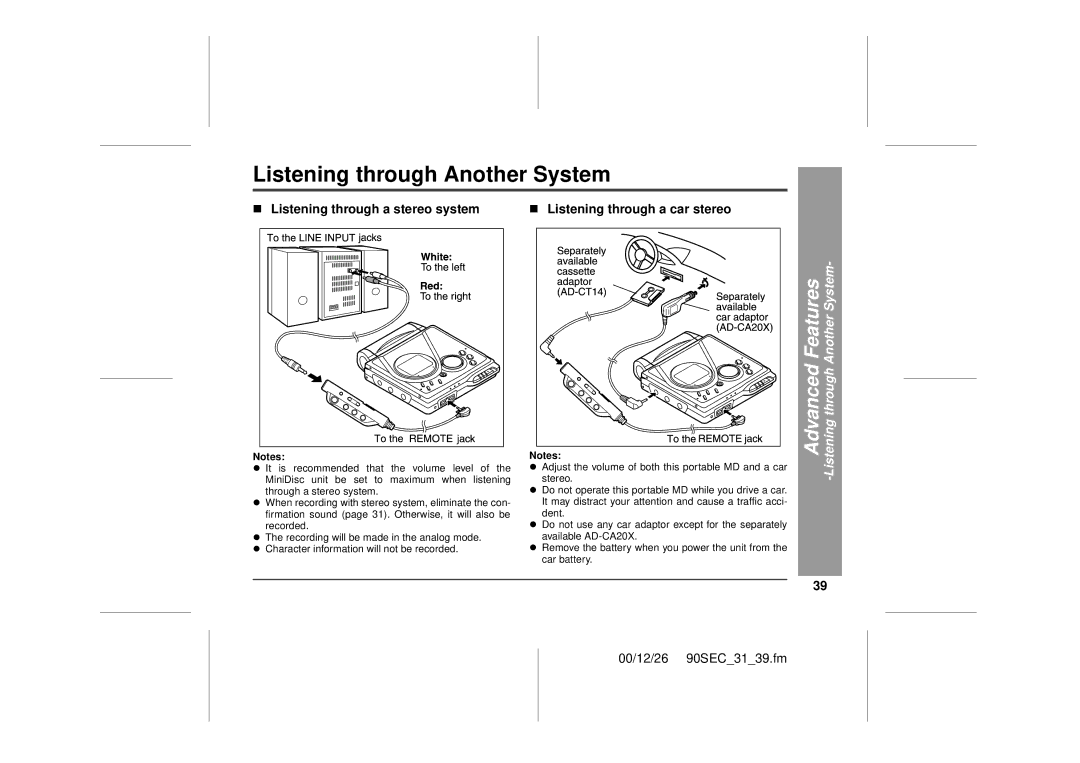 Sharp MD-MT90 Listening through Another System, „ Listening through a stereo system, „ Listening through a car stereo 