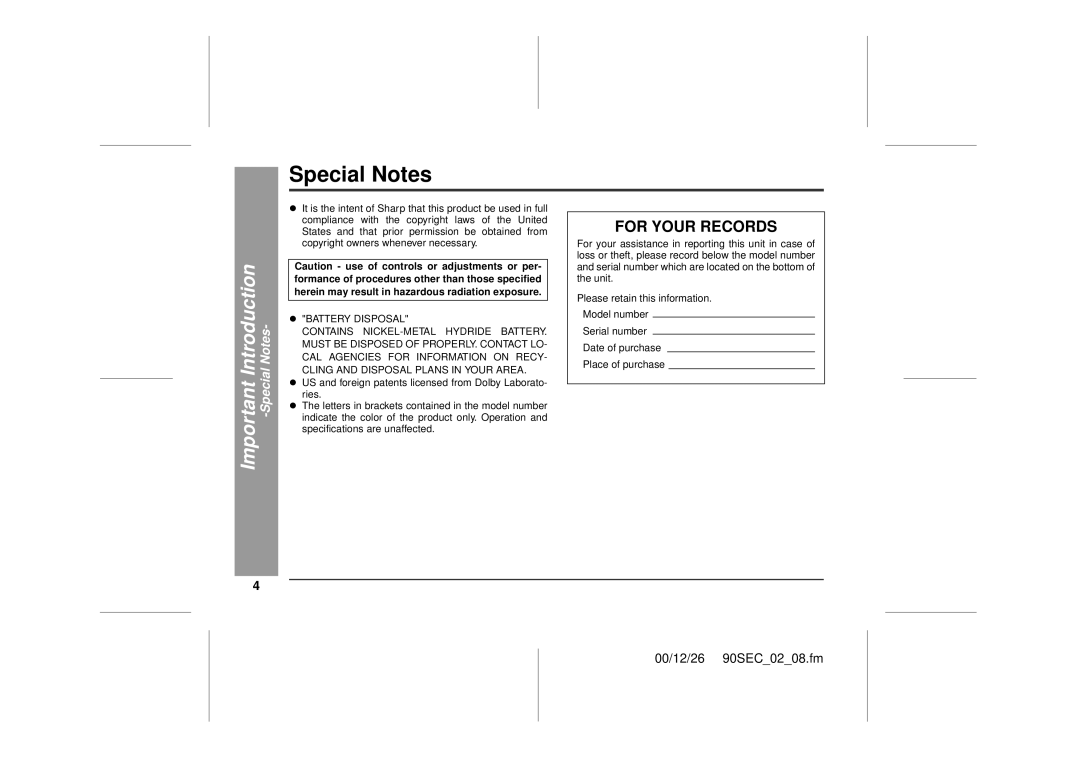 Sharp MD-MT90 operation manual Special Notes 