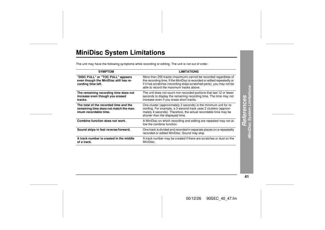 Sharp MD-MT90 operation manual MiniDisc System Limitations 