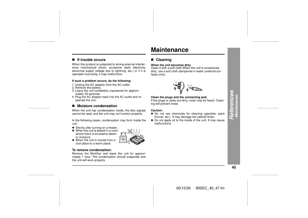 Sharp MD-MT90 operation manual Maintenance, „ If trouble occurs, „ Moisture condensation, „ Cleaning 