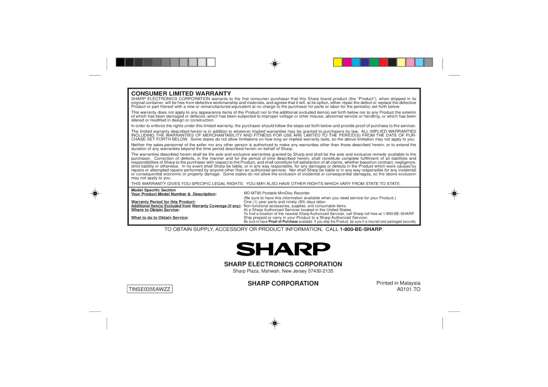 Sharp MD-MT90 operation manual Sharp Electronics Corporation 