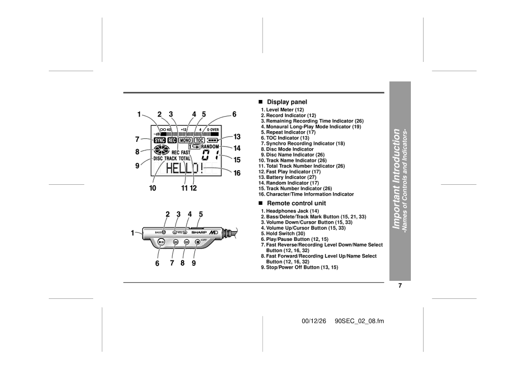 Sharp MD-MT90 operation manual „ Display panel, „ Remote control unit 