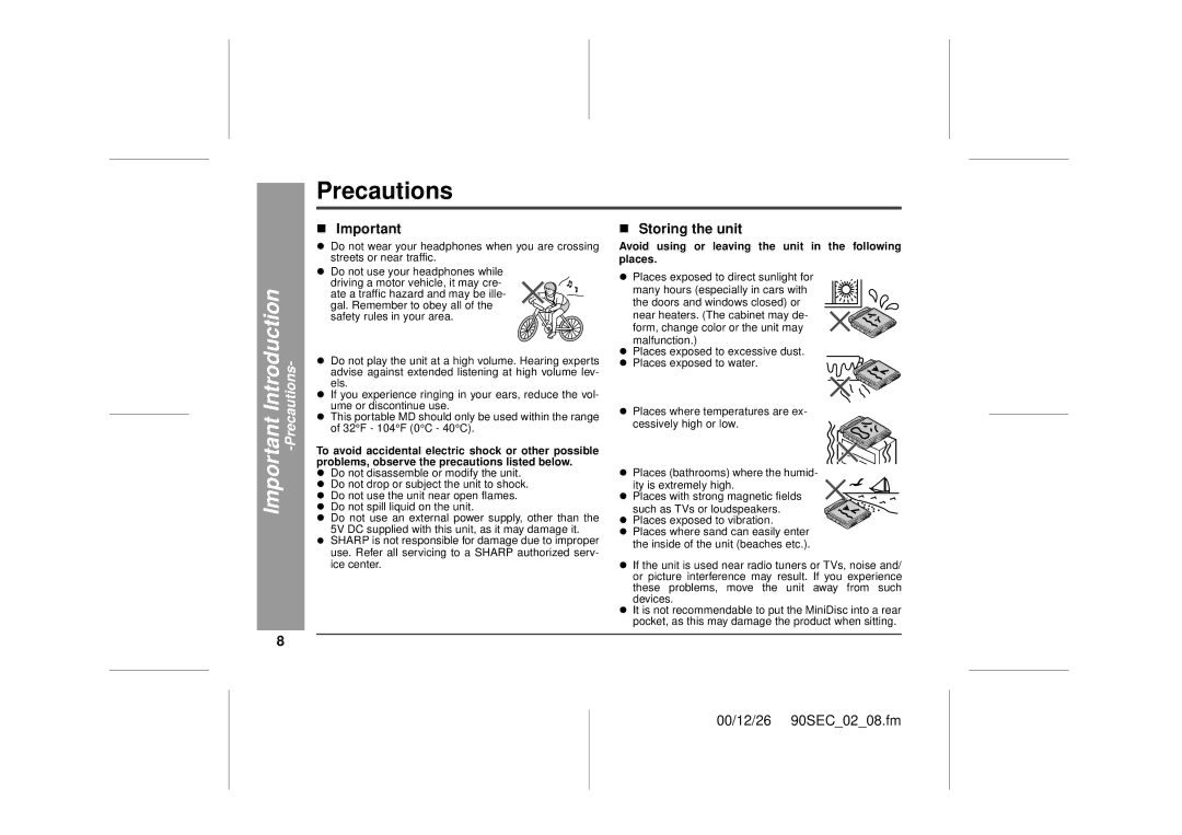 Sharp MD-MT90 Precautions, „ Important, „ Storing the unit, Avoid using or leaving the unit in the following places 