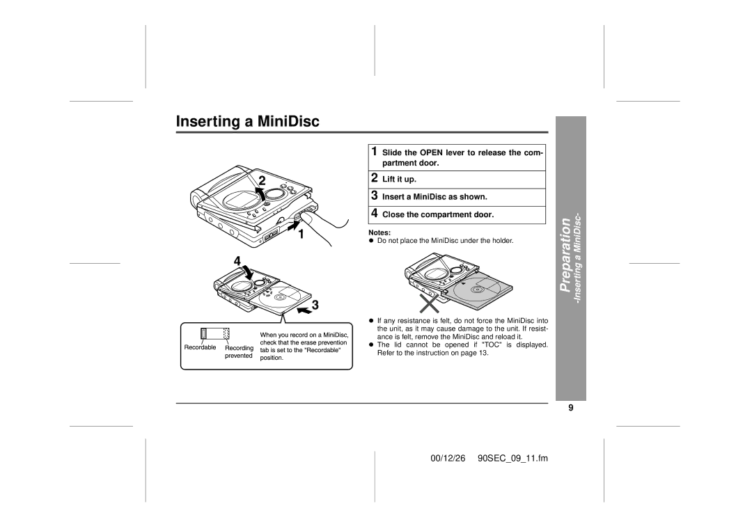 Sharp MD-MT90 operation manual Inserting a MiniDisc 