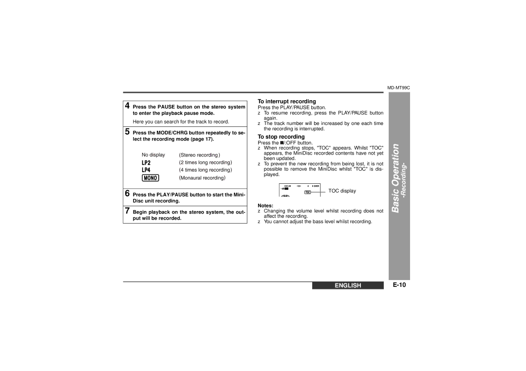 Sharp MD-MT99C operation manual To interrupt recording, To stop recording 