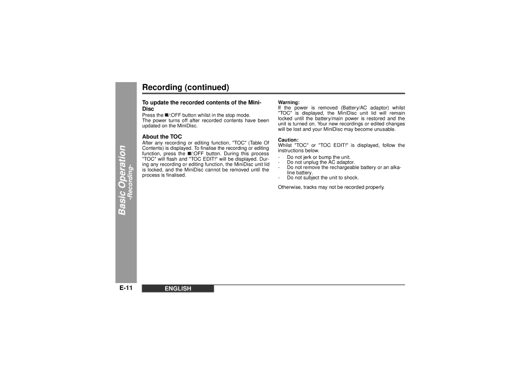 Sharp MD-MT99C operation manual To update the recorded contents of the Mini- Disc, About the TOC 