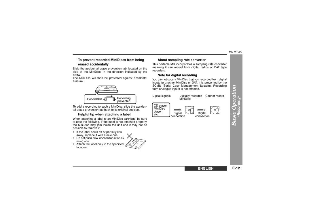 Sharp MD-MT99C „ Helpful tip when attaching a label, „ About sampling rate converter, „ Note for digital recording 