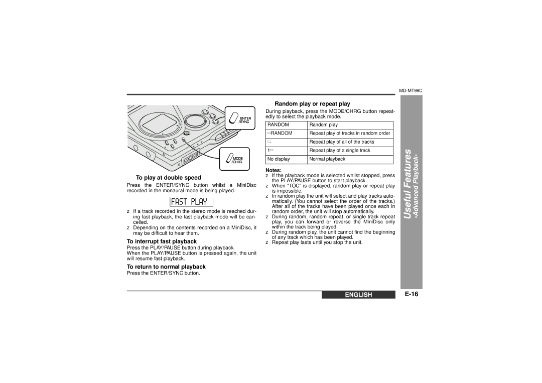 Sharp MD-MT99C operation manual „ To play at double speed, To interrupt fast playback, To return to normal playback 