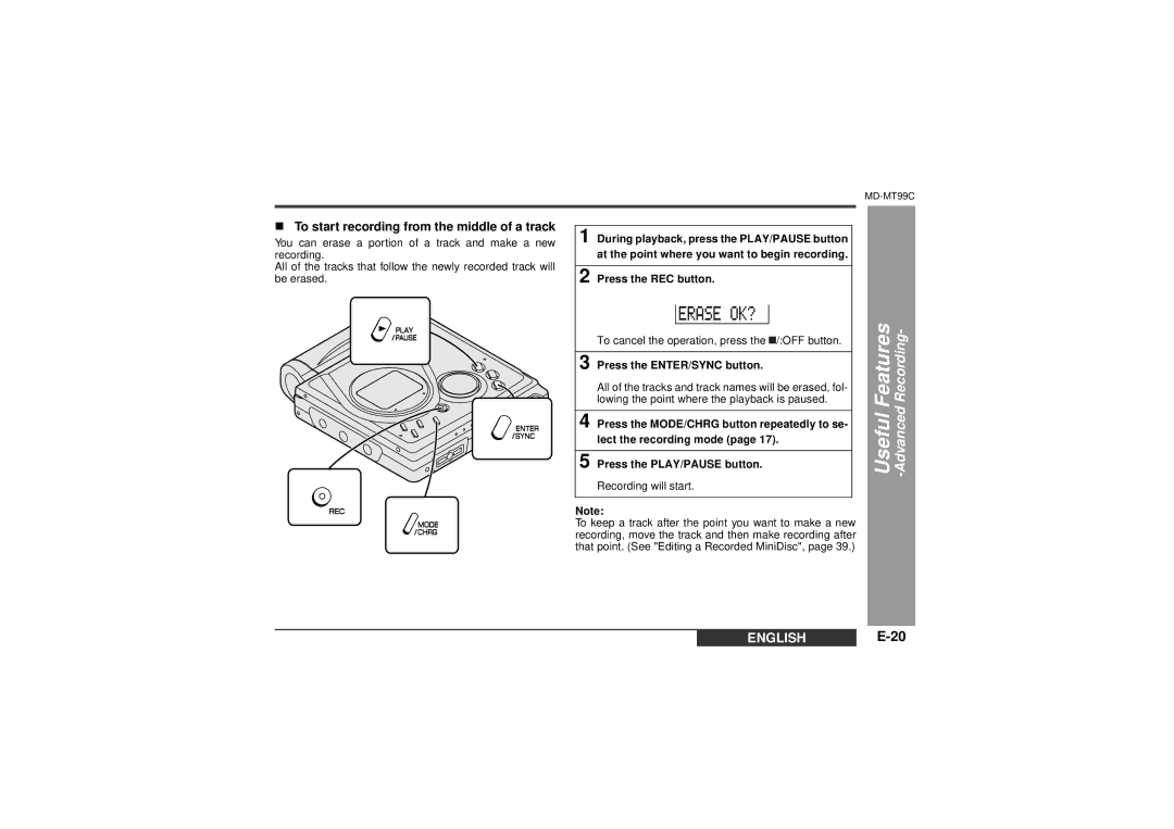 Sharp MD-MT99C operation manual „ To start recording from the middle of a track, Press the REC button 