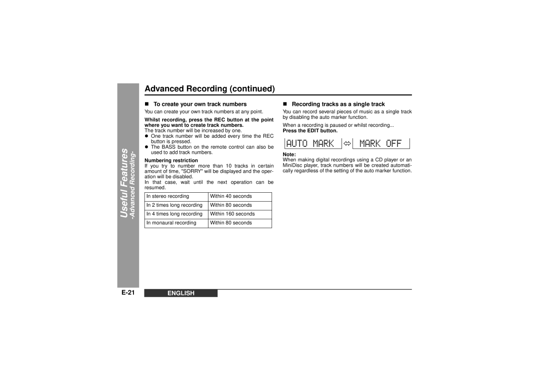 Sharp MD-MT99C „ To create your own track numbers, „ Recording tracks as a single track, Numbering restriction 