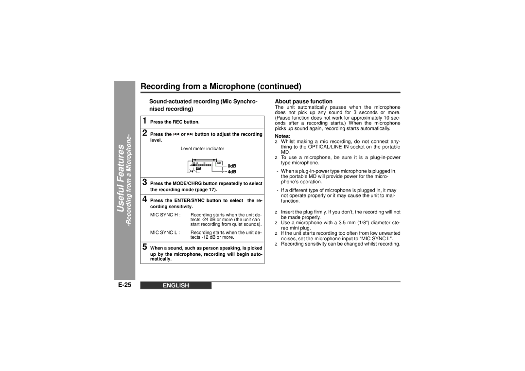 Sharp MD-MT99C operation manual „ Sound-actuated recording Mic Synchro- nised recording, About pause function 