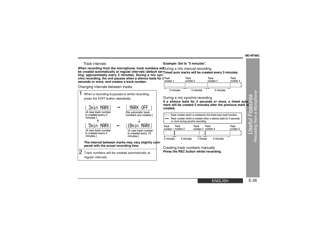 Sharp MD-MT99C operation manual „ Track intervals, Changing intervals between tracks, During a mic manual recording 