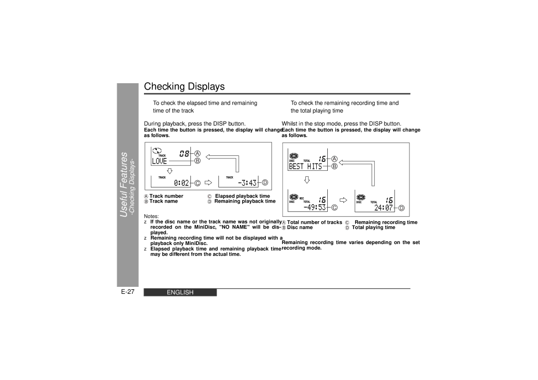 Sharp MD-MT99C operation manual Useful Features -Checking Displays 