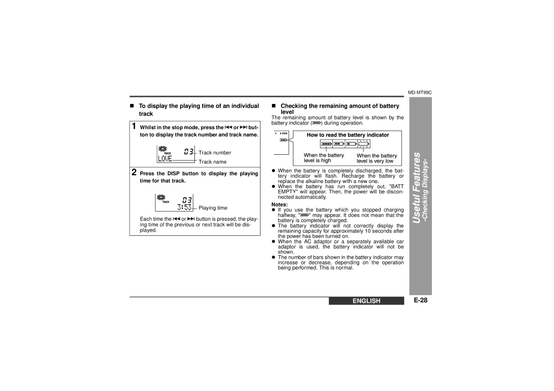 Sharp MD-MT99C operation manual Press the Disp button to display the playing, Time for that track 