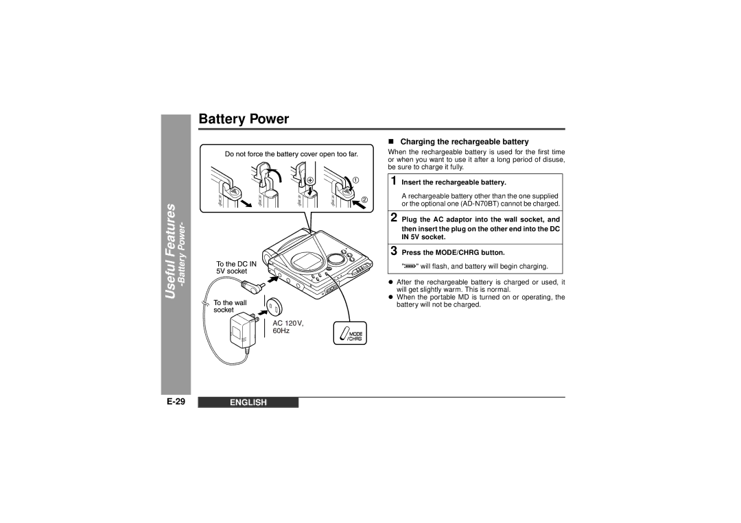 Sharp MD-MT99C Useful Features -Battery Power, „ Charging the rechargeable battery, Insert the rechargeable battery 