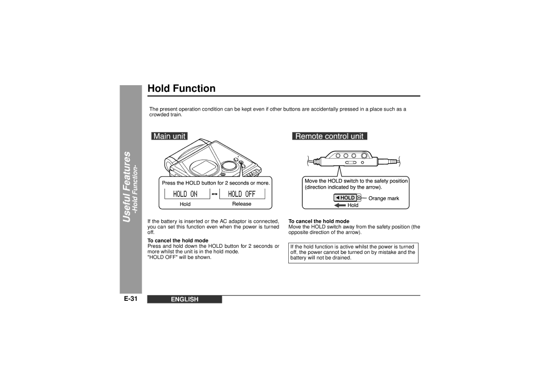 Sharp MD-MT99C operation manual Useful Features -Hold Function, To cancel the hold mode 