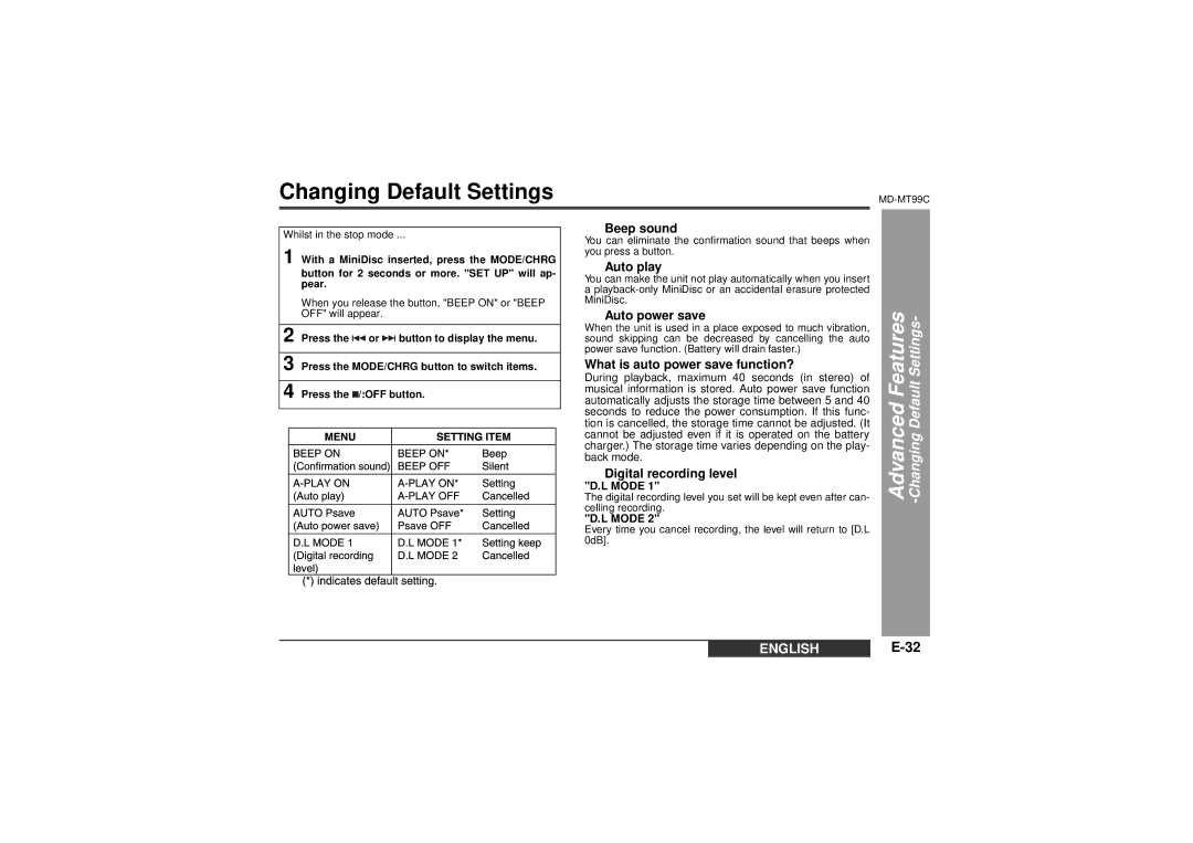 Sharp MD-MT99C operation manual Changing Default Settings 