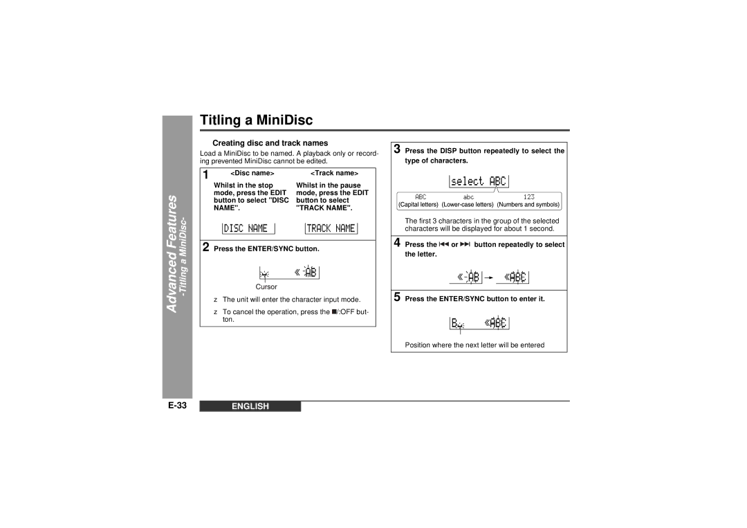 Sharp MD-MT99C operation manual Titling a MiniDisc, „ Creating disc and track names 