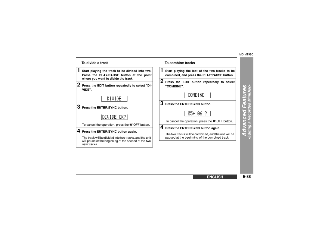 Sharp MD-MT99C operation manual „ To divide a track, „ To combine tracks 