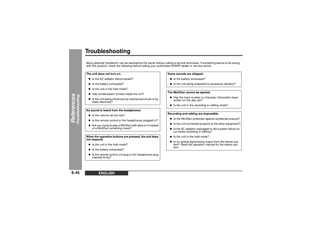 Sharp MD-MT99C operation manual Troubleshooting 