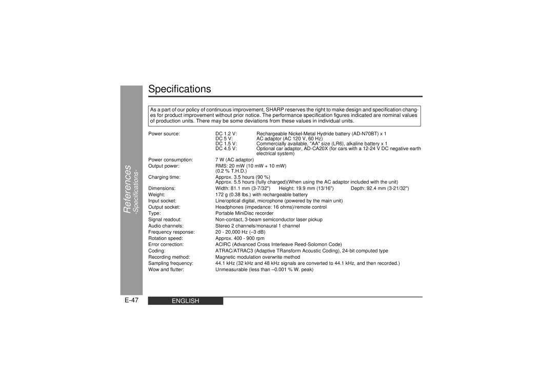 Sharp MD-MT99C operation manual Specifications 