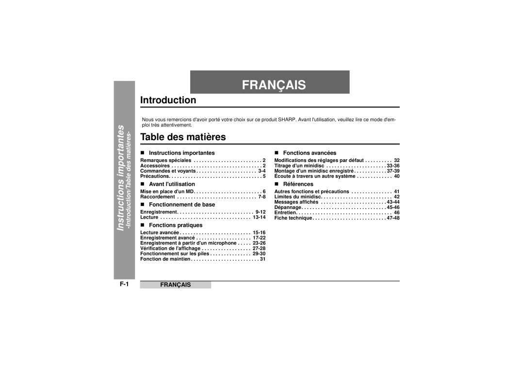 Sharp MD-MT99C operation manual Table des matières 