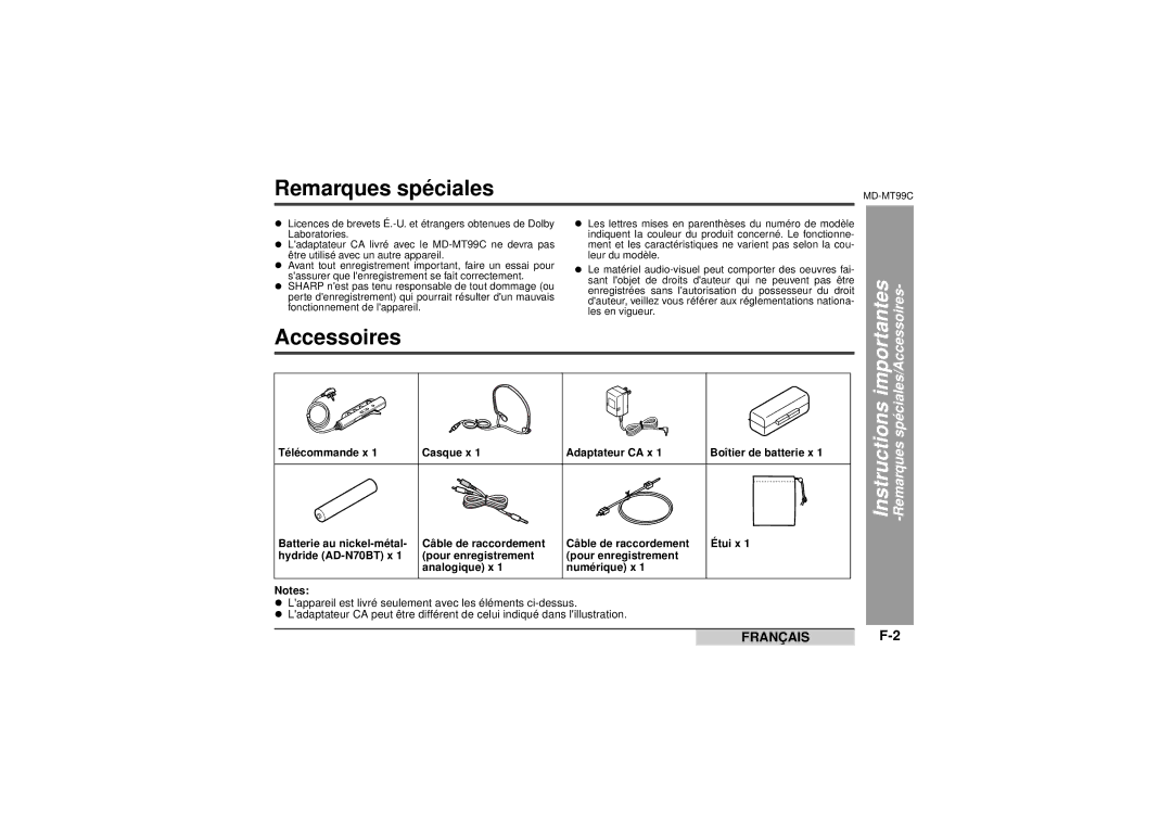 Sharp MD-MT99C operation manual Remarques spéciales, Accessoires, Télécommande x Casque x Adaptateur CA x 