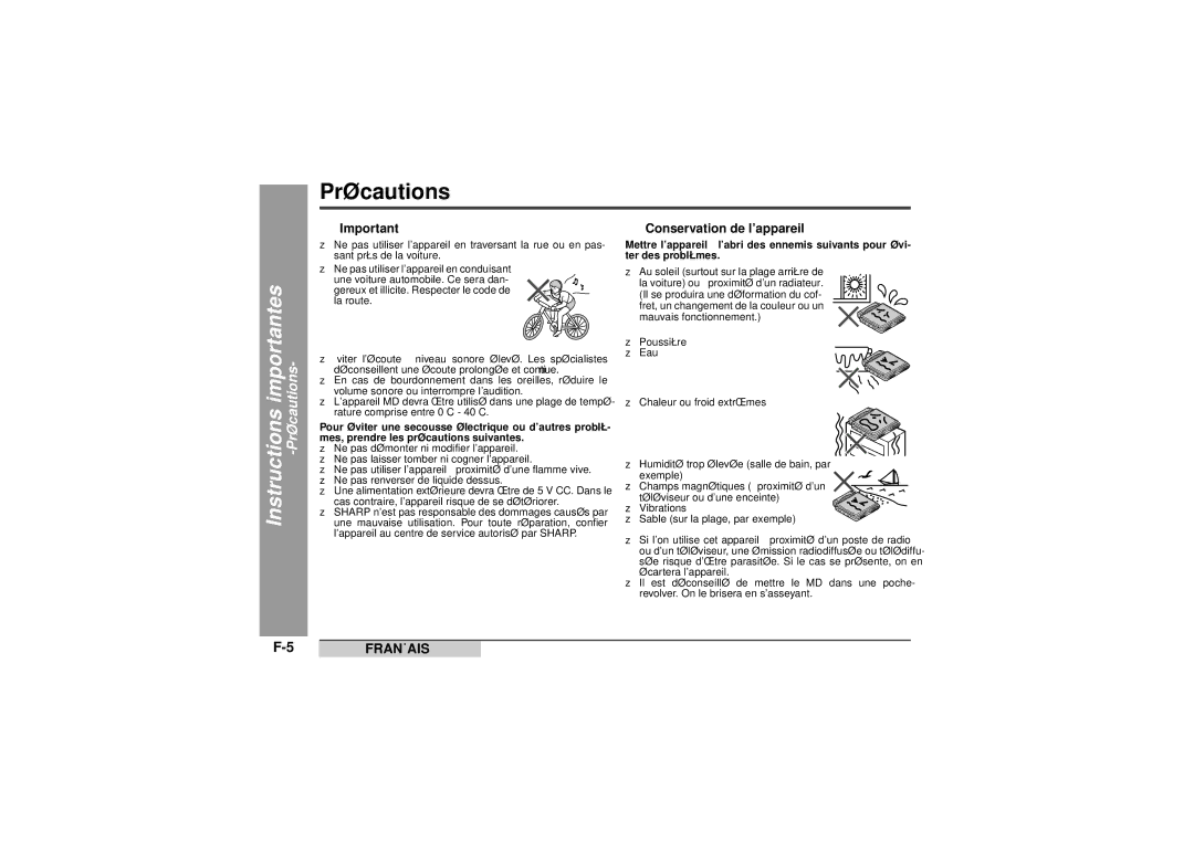 Sharp MD-MT99C operation manual Précautions, „ Conservation de lappareil 