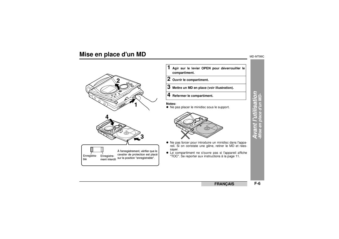 Sharp MD-MT99C operation manual Mise en place dun MD, Place dun MD 