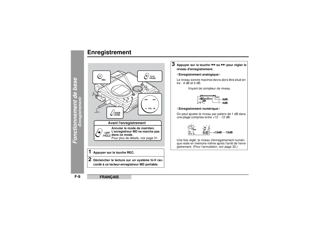 Sharp MD-MT99C Fonctionnement de base -Enregistrement, Appuyer sur la touche REC, Enregistrement numérique 