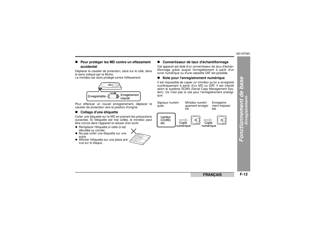 Sharp MD-MT99C operation manual „ Pour protéger les MD contre un effacement Accidentel, „ Collage dune étiquette 