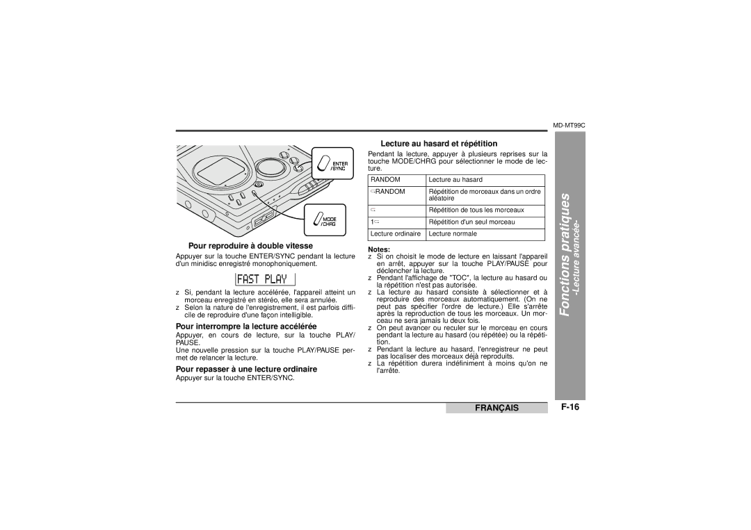 Sharp MD-MT99C operation manual „ Pour reproduire à double vitesse, Pour interrompre la lecture accélérée 