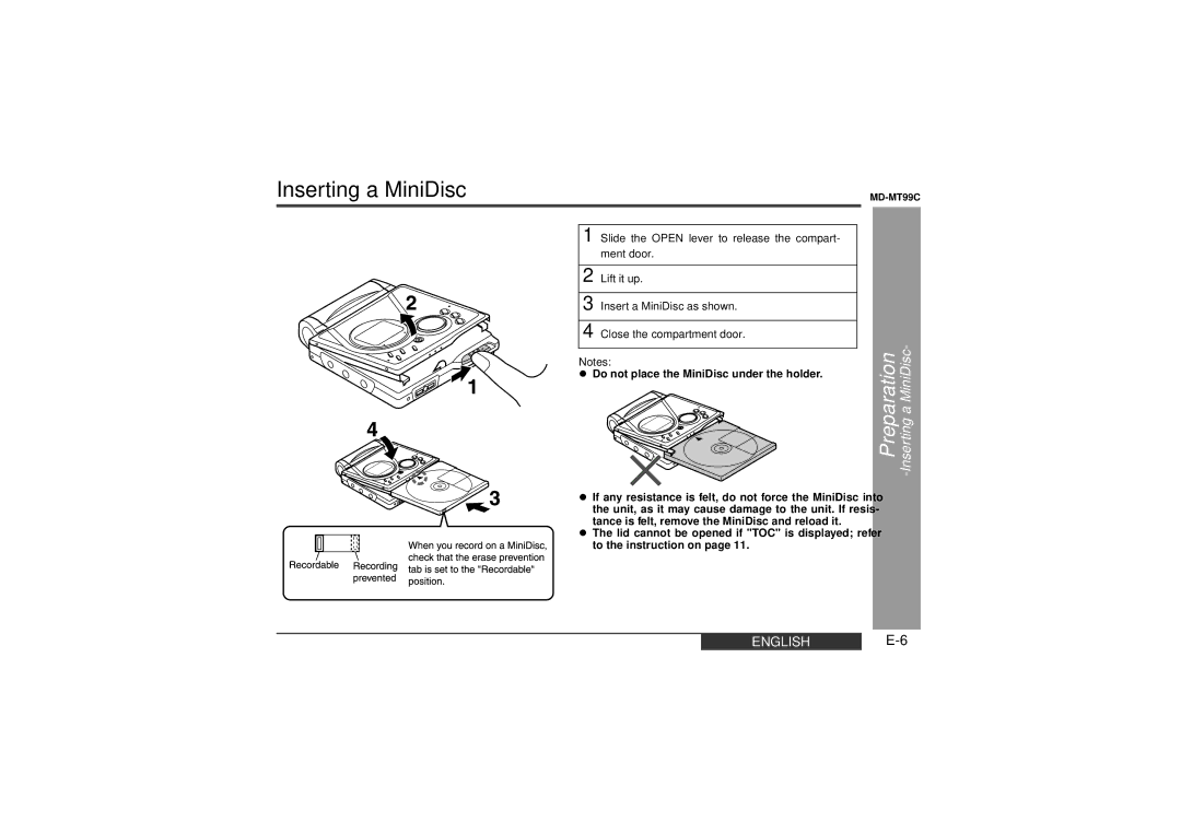 Sharp MD-MT99C operation manual Inserting a MiniDisc 