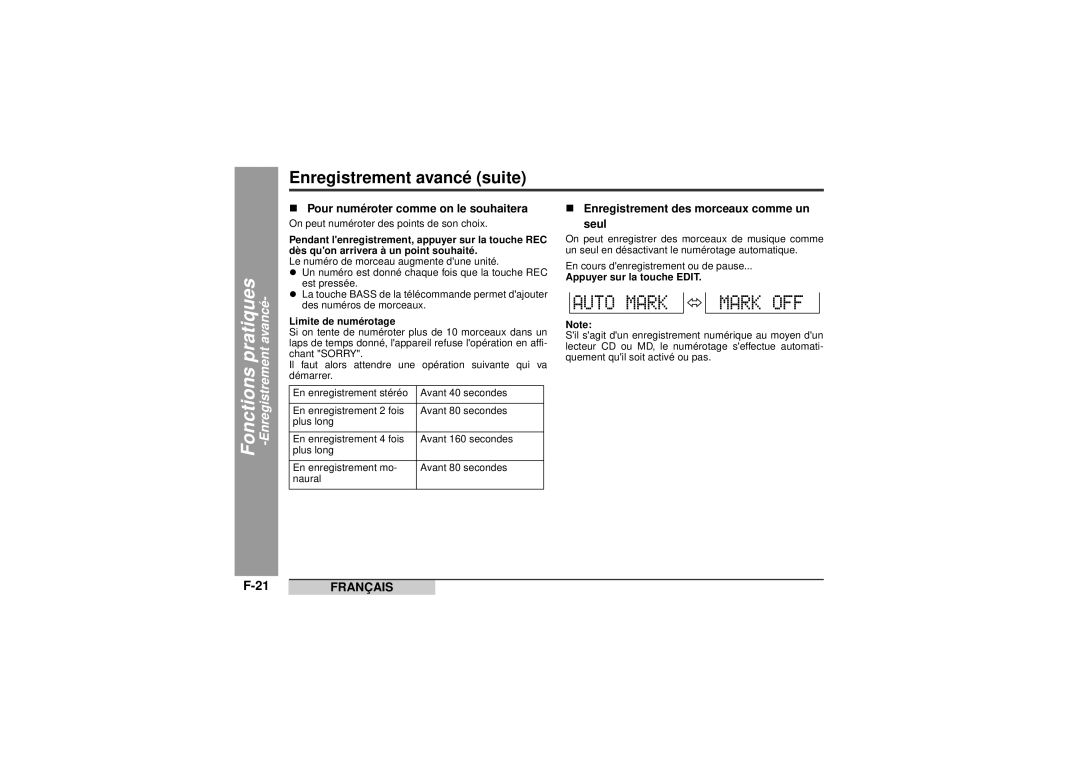 Sharp MD-MT99C „ Pour numéroter comme on le souhaitera, „ Enregistrement des morceaux comme un Seul, Limite de numérotage 