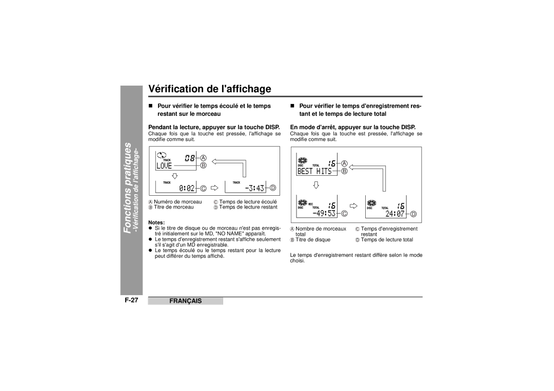 Sharp MD-MT99C operation manual Vérification de laffichage, Fonctionspratiques 