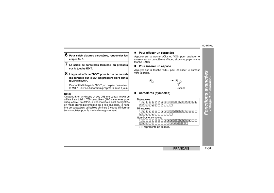 Sharp MD-MT99C operation manual „ Pour effacer un caractère, „ Pour insérer un espace 