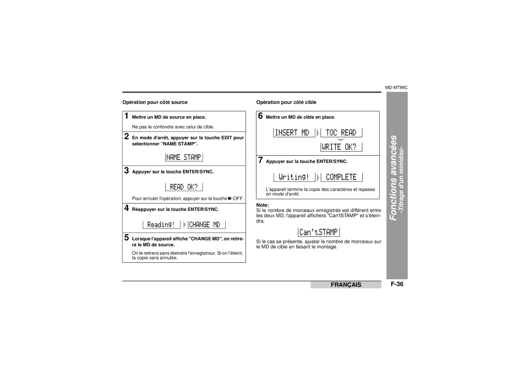 Sharp MD-MT99C operation manual Opération pour côté source, Opération pour côté cible 