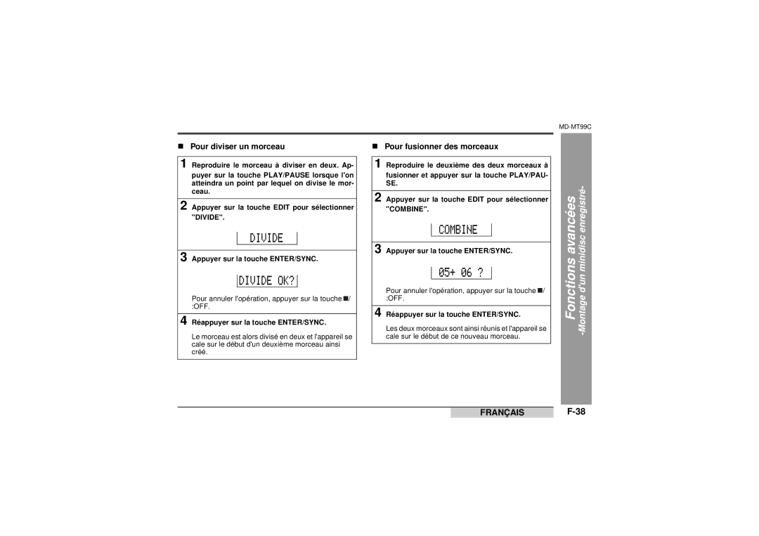 Sharp MD-MT99C operation manual „ Pour diviser un morceau, „ Pour fusionner des morceaux 