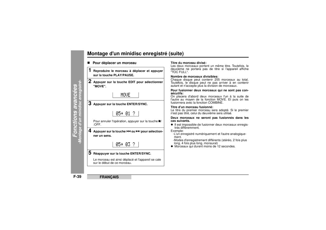 Sharp MD-MT99C operation manual „ Pour déplacer un morceau 