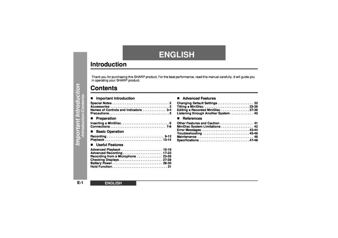 Sharp MD-MT99C English, Important Introduction, Introduction/Contents, Advanced Features, Preparation, References 