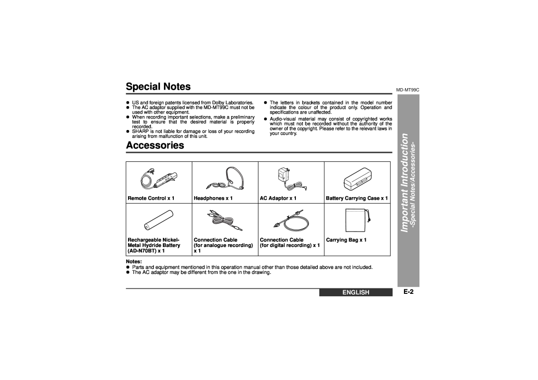 Sharp MD-MT99C operation manual Special Notes, Accessories, English 